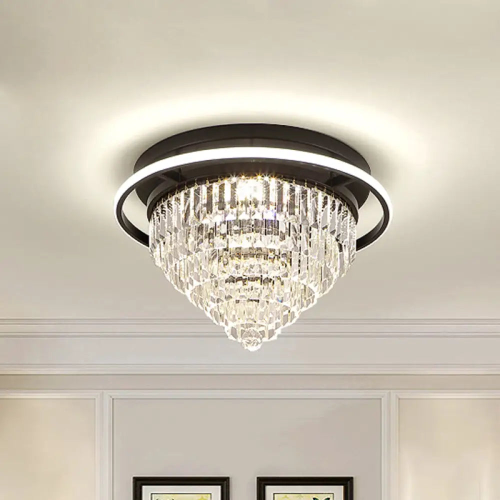 Modern Crystal Led Bedroom Flush Light With Prism Cone And Halo Ring Black