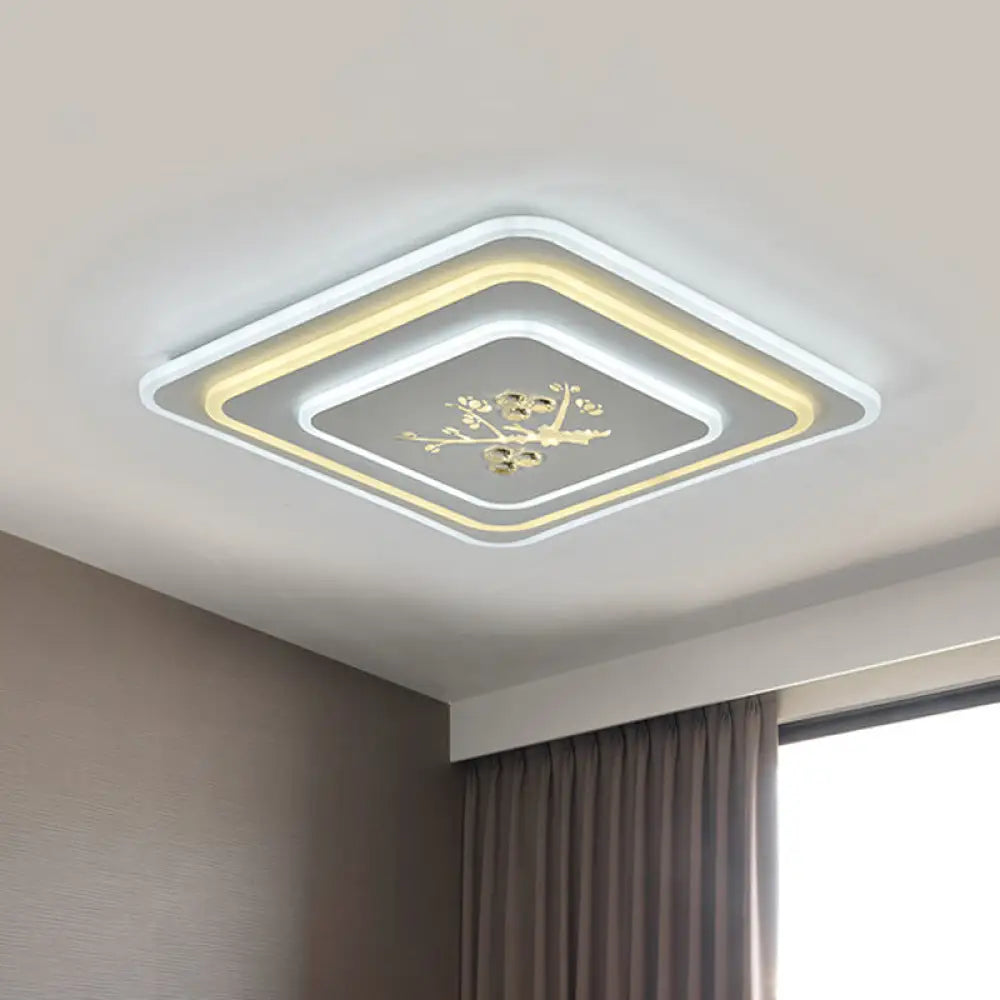 Modern Crystal Led Ceiling Lamp – White Flush Mount For Dining Room / Square Plate
