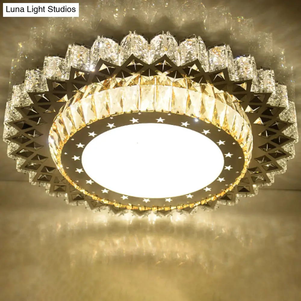 Modern Crystal Led Ceiling Light Fixture For Dining Room - Circular Flush Design With Stainless