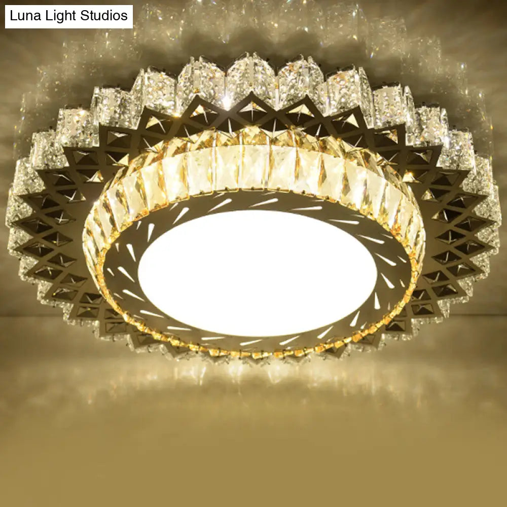 Modern Crystal Led Ceiling Light Fixture For Dining Room - Circular Flush Design With Stainless