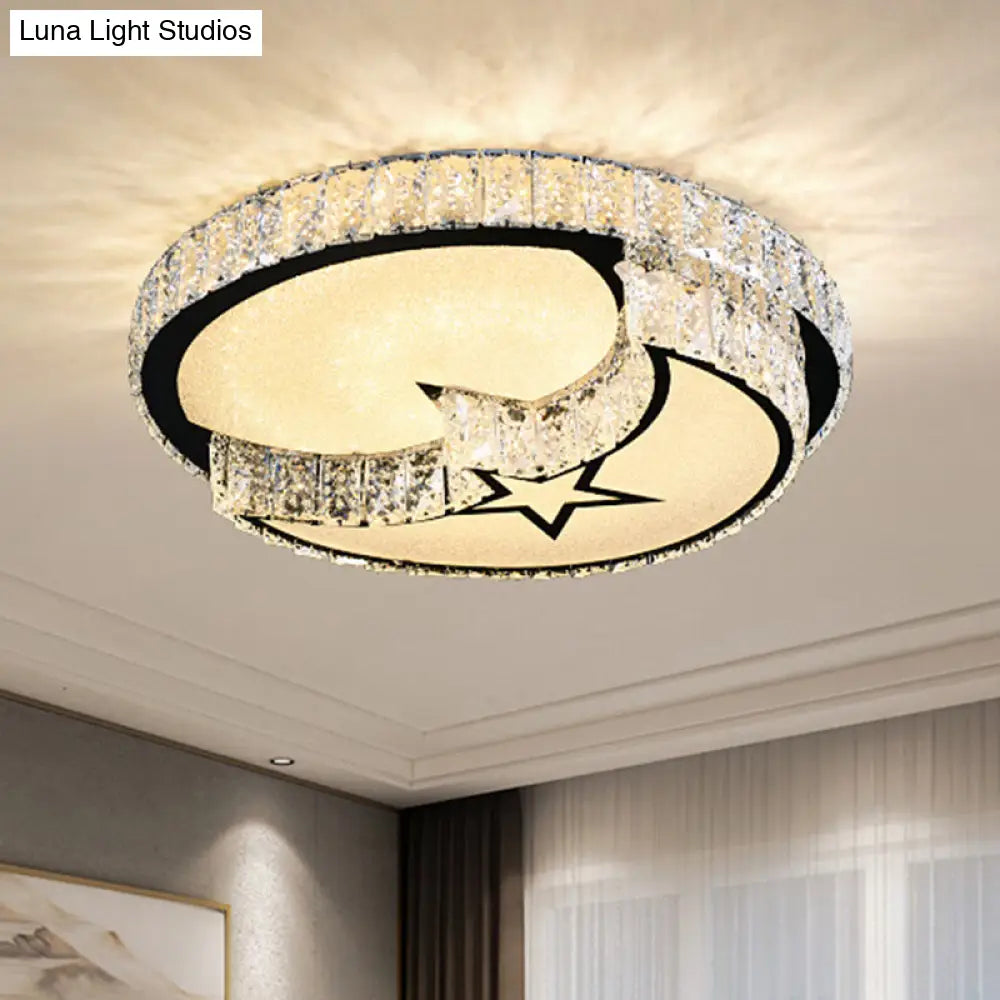 Modern Crystal Led Ceiling Light Fixture For Dining Room - Circular Flush Design With Stainless