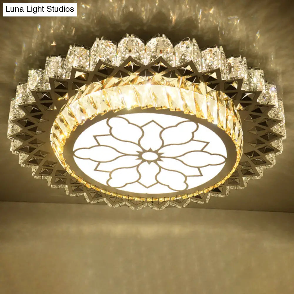 Modern Crystal Led Ceiling Light Fixture For Dining Room - Circular Flush Design With Stainless