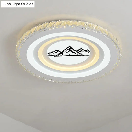 Modern Crystal Led Ceiling Light For Dining Rooms - Round Design Flush Mount White Finish / Mountain