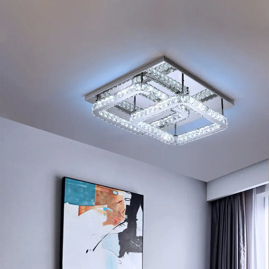 Modern Crystal Led Ceiling Light In Warm/White - Square Cut Design 19.5’/23.5’ Width Chrome