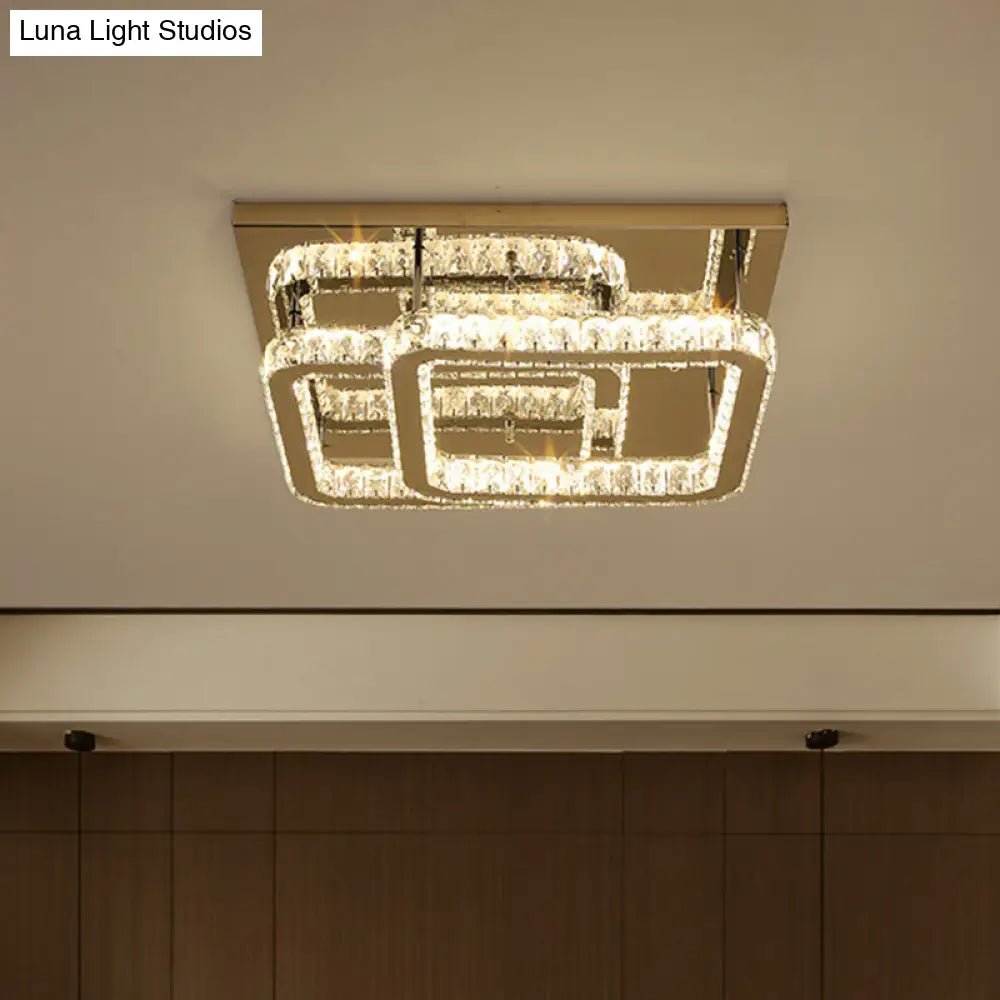 Modern Crystal Led Ceiling Light In Warm/White - Square Cut Design 19.5’/23.5’ Width Chrome Finish