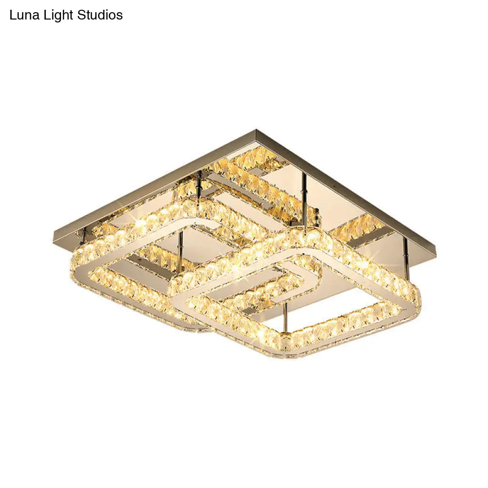 Modern Crystal Led Ceiling Light In Warm/White - Square Cut Design 19.5/23.5 Width Chrome Finish