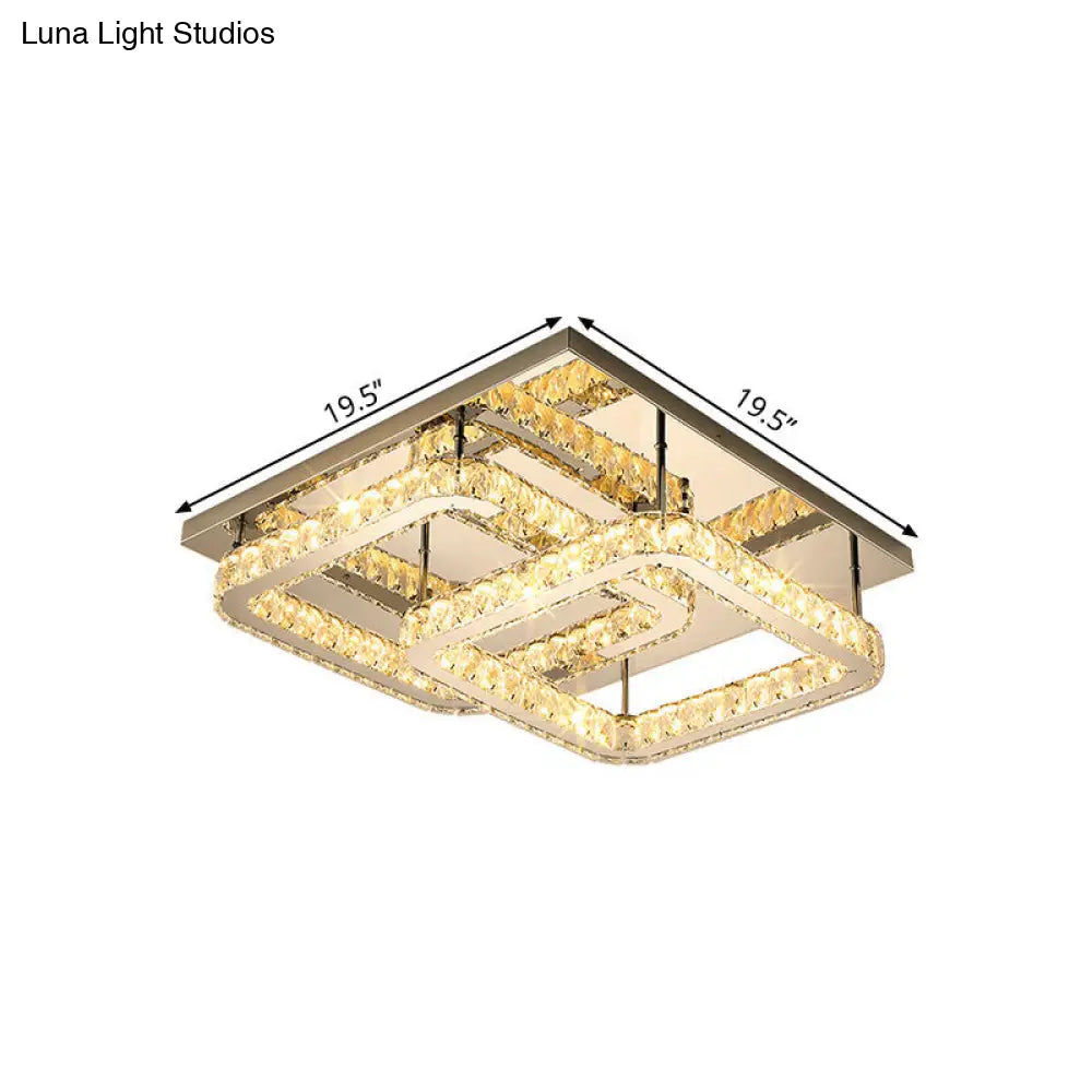 Modern Crystal Led Ceiling Light In Warm/White - Square Cut Design 19.5/23.5 Width Chrome Finish