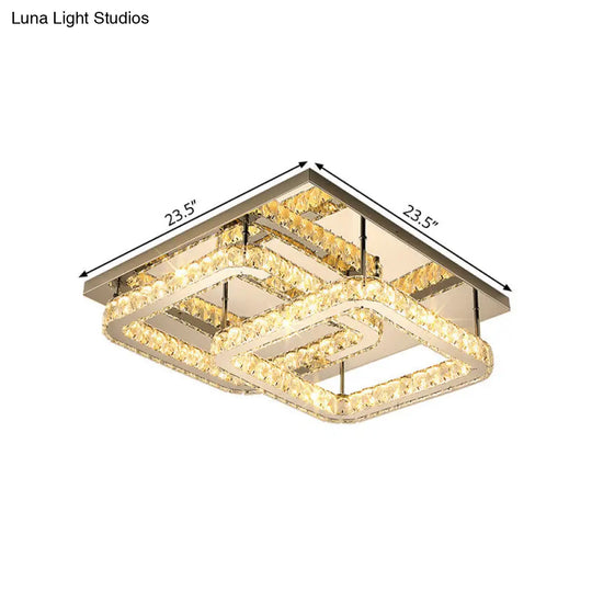 Modern Crystal Led Ceiling Light In Warm/White - Square Cut Design 19.5/23.5 Width Chrome Finish