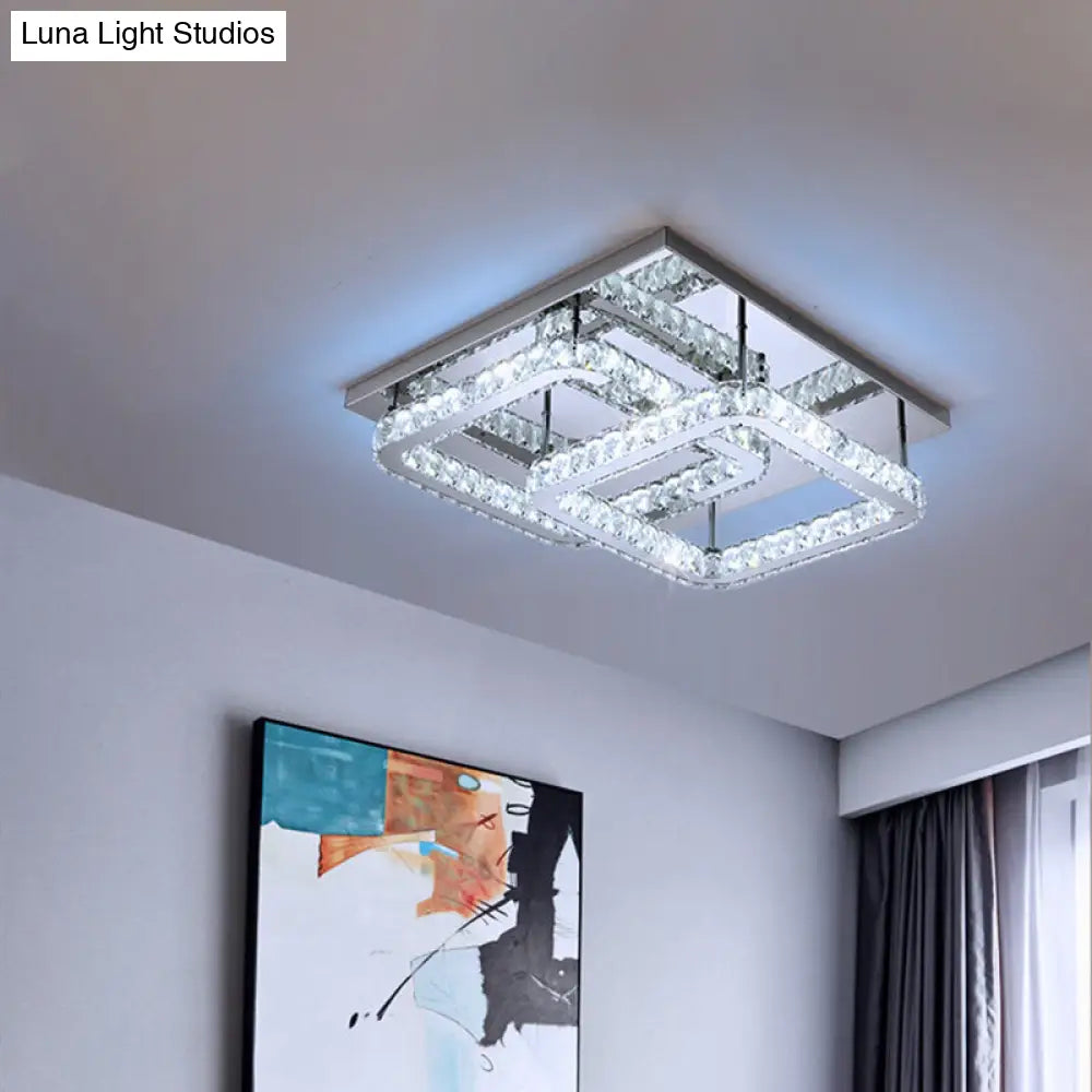 Modern Crystal Led Ceiling Light In Warm/White - Square Cut Design 19.5/23.5 Width Chrome Finish /