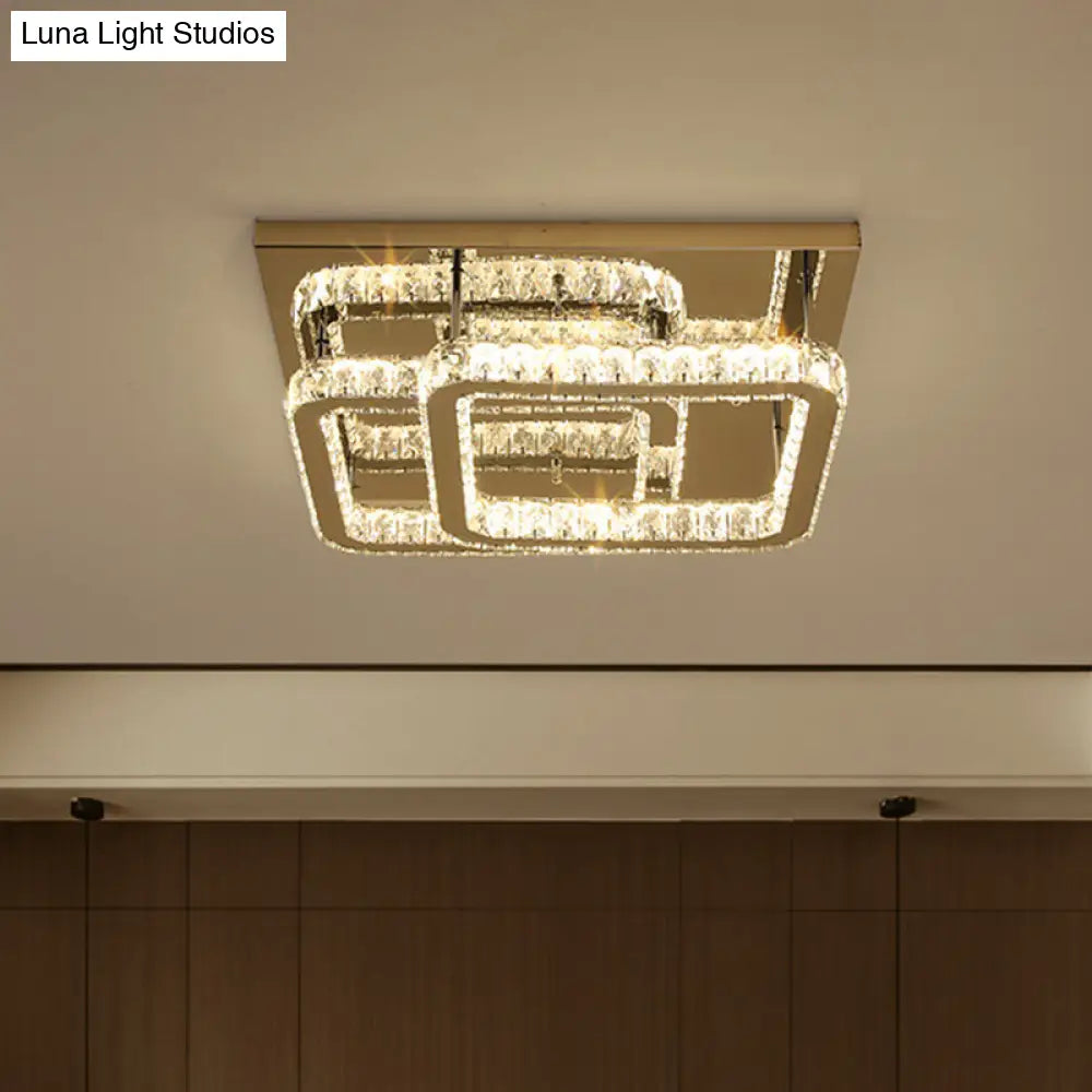 Modern Crystal Led Ceiling Light In Warm/White - Square Cut Design 19.5/23.5 Width Chrome Finish