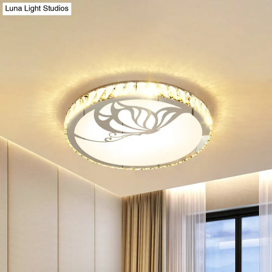 Modern Crystal Led Ceiling Light: Round Flush Mount With Warm/White Light And Butterfly/Petal