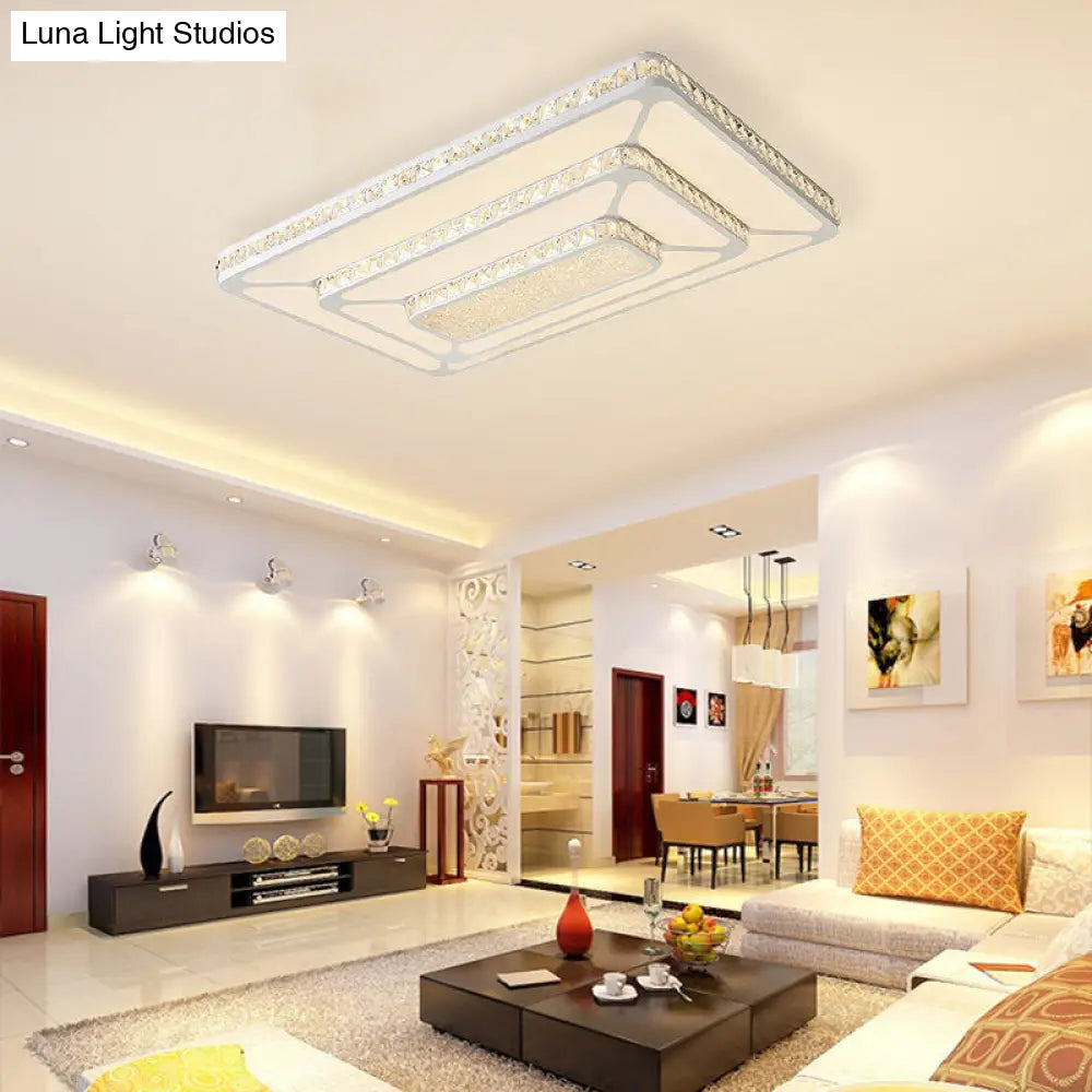Modern Crystal Led Ceiling Light With White Rectangle Flushmount And Acrylic Diffuser