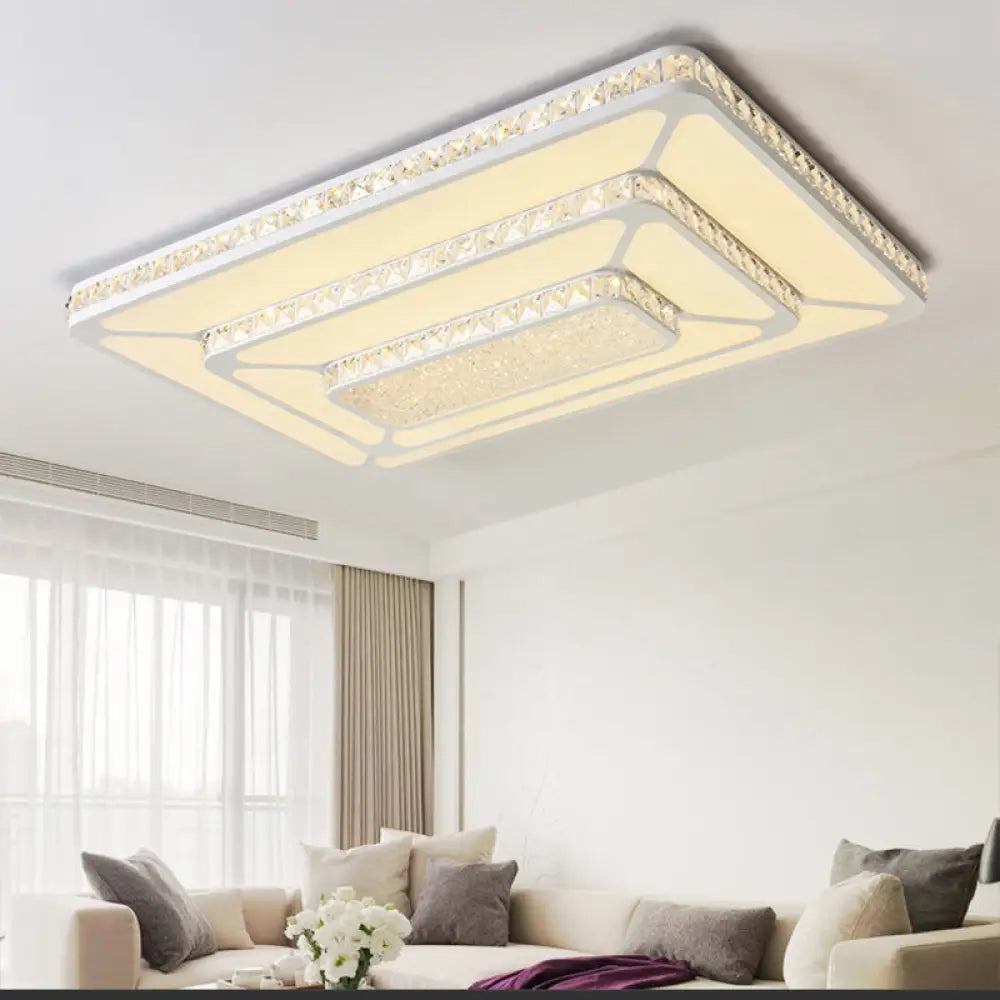 Modern Crystal Led Ceiling Light With White Rectangle Flushmount And Acrylic Diffuser