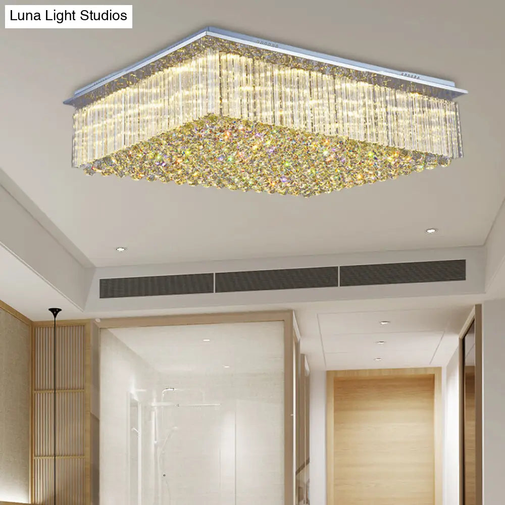 Modern Crystal Led Ceiling Mount Light For Bedroom - 31.5’/37.5’ Wide Rectangular Design In Clear