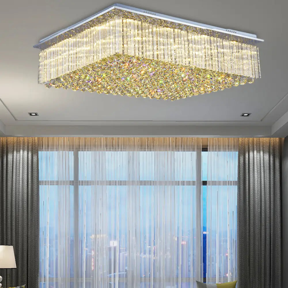 Modern Crystal Led Ceiling Mount Light For Bedroom - 31.5’/37.5’ Wide Rectangular Design In