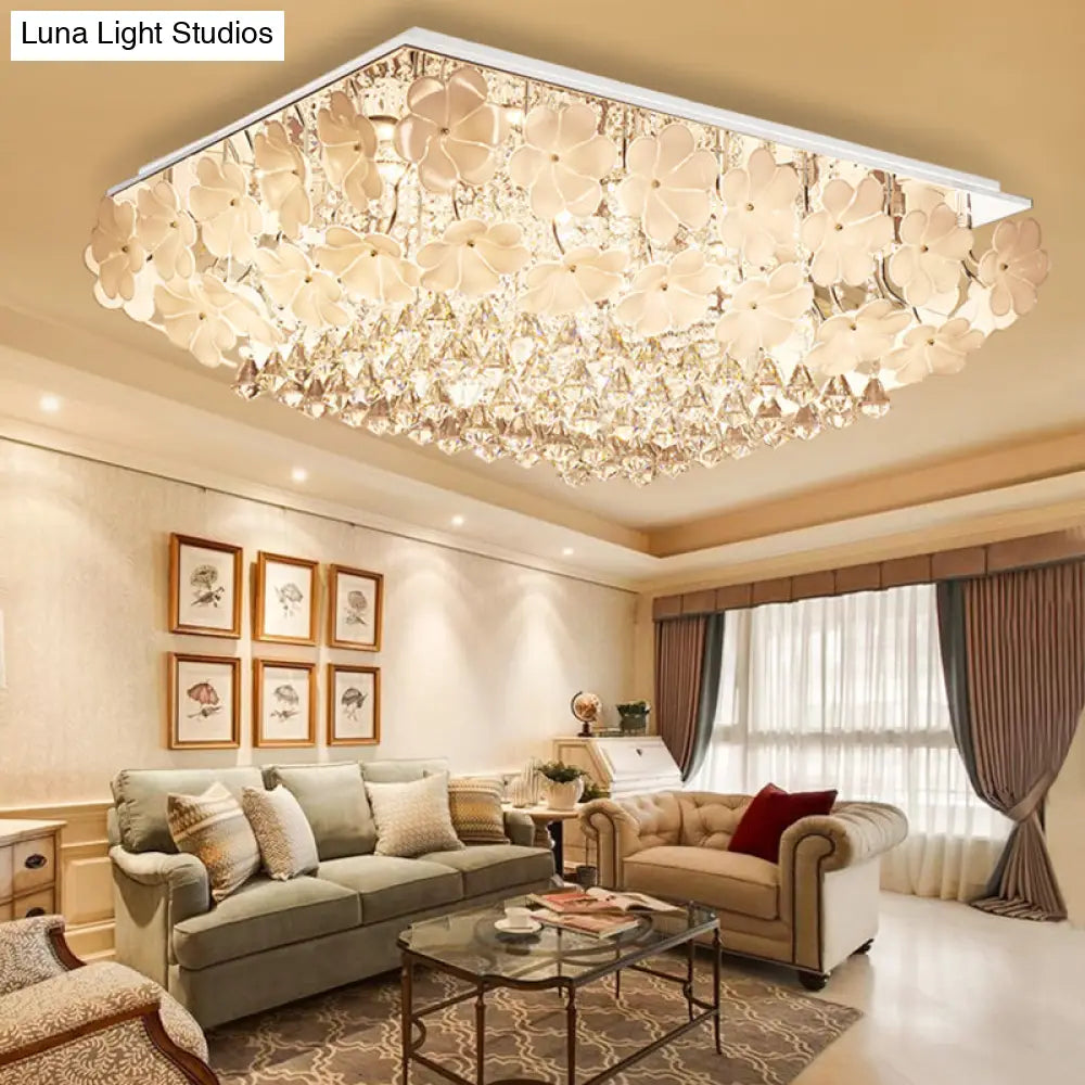 Modern Crystal Led Chrome Ceiling Light Fixture For Living Room - Flush Mount Rectangular Design