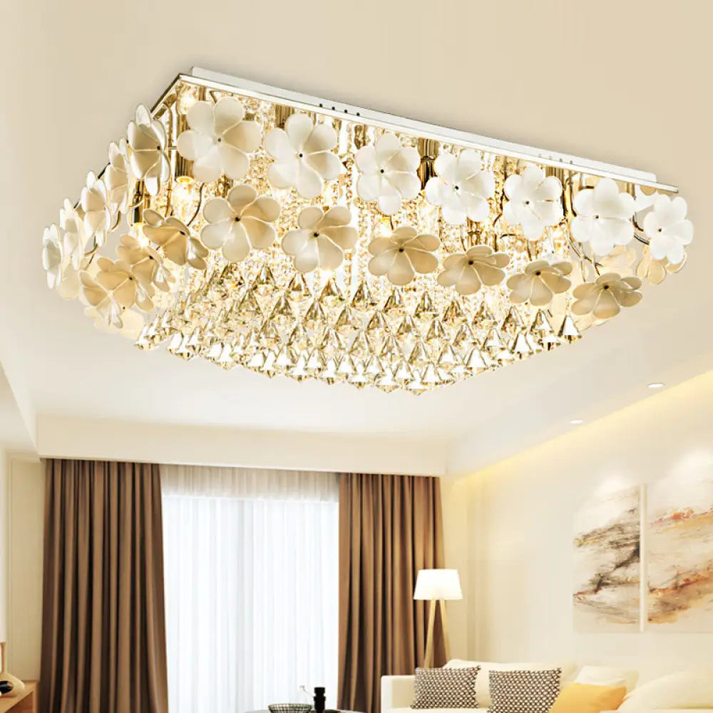 Modern Crystal Led Chrome Ceiling Light Fixture For Living Room - Flush Mount Rectangular Design