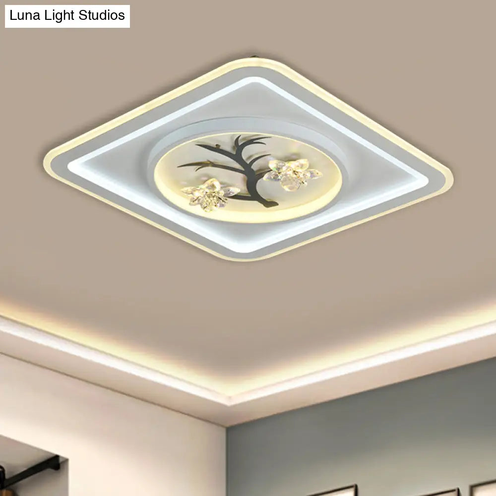 Modern Crystal Led Flush Ceiling Light For Bedchamber - White Round/Square Fixture