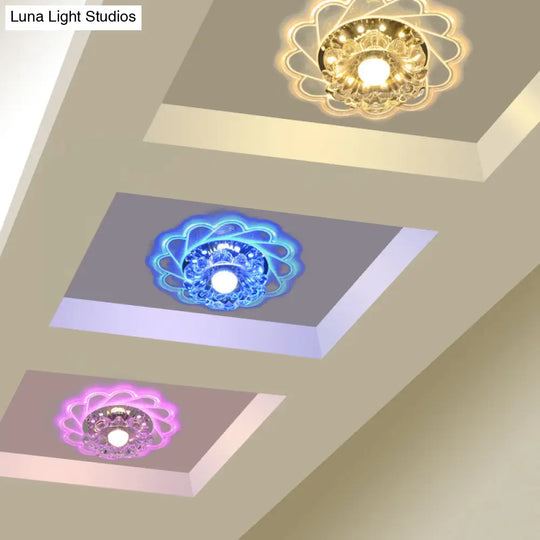 Modern Crystal Led Flush Ceiling Light For Hallway - Clear Floral Mount Fixture