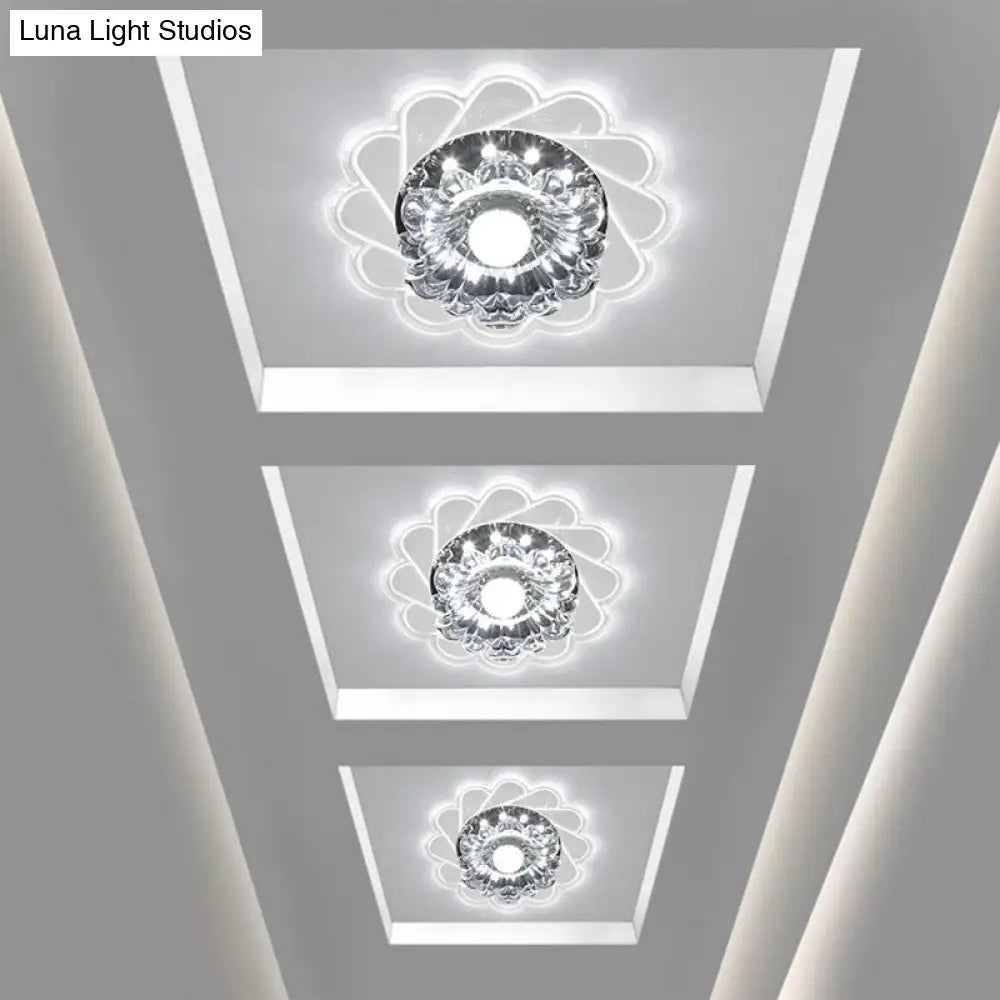 Modern Crystal Led Flush Ceiling Light For Hallway - Clear Floral Mount Fixture