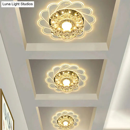 Modern Crystal Led Flush Ceiling Light For Hallway - Clear Floral Mount Fixture