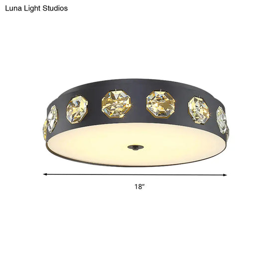 Modern Crystal Led Flush Light In Grey Drum Shape - Ideal For Living Room Ceiling 18’/21.5’ Dia