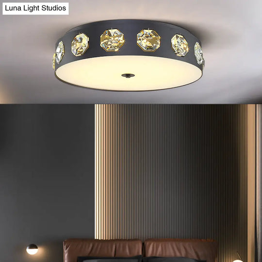 Modern Crystal Led Flush Light In Grey Drum Shape - Ideal For Living Room Ceiling 18’/21.5’ Dia