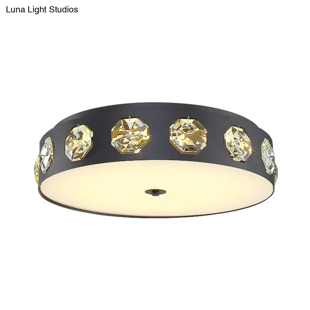 Modern Crystal Led Flush Light In Grey Drum Shape - Ideal For Living Room Ceiling 18/21.5 Dia