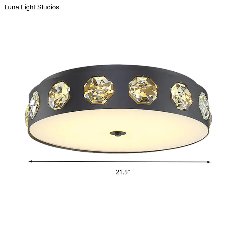 Modern Crystal Led Flush Light In Grey Drum Shape - Ideal For Living Room Ceiling 18/21.5 Dia