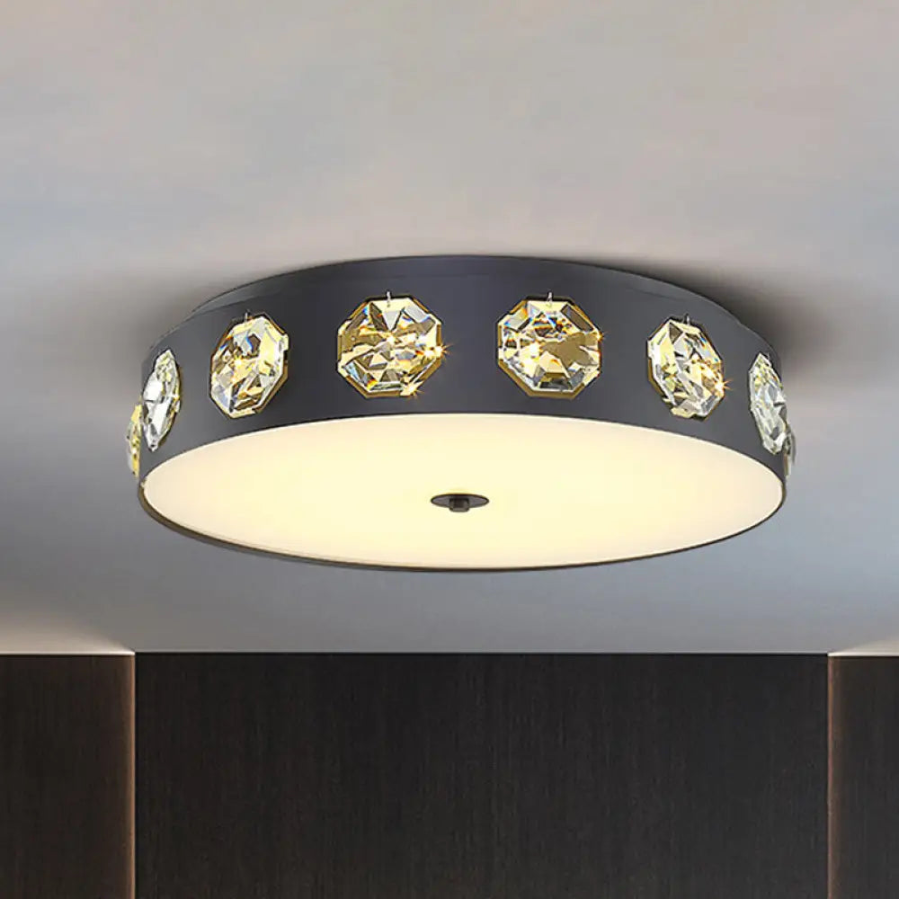 Modern Crystal Led Flush Light In Grey Drum Shape - Ideal For Living Room Ceiling 18’/21.5’ Dia