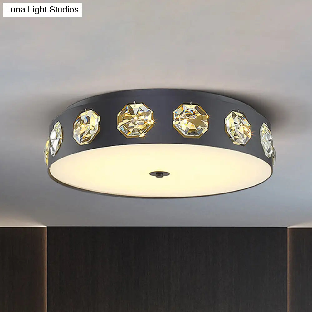 Modern Crystal Led Flush Light In Grey Drum Shape - Ideal For Living Room Ceiling 18/21.5 Dia / 18