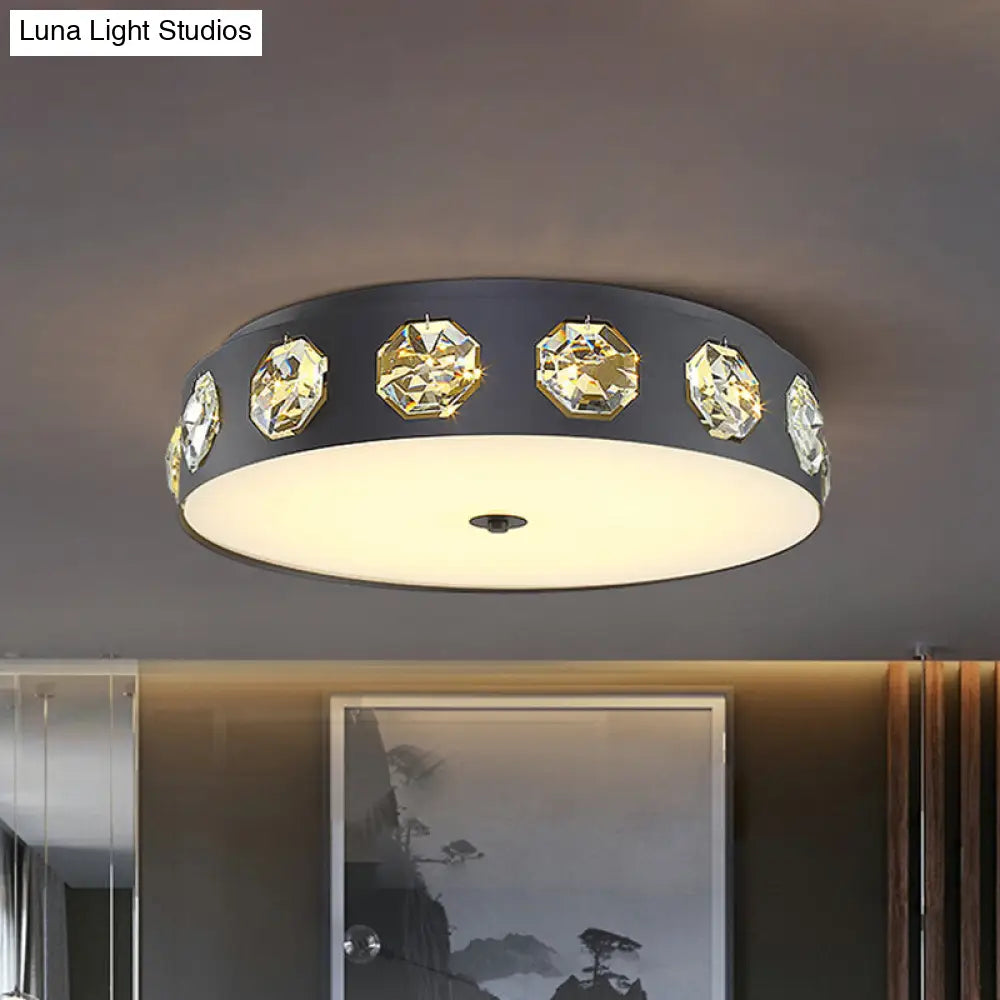 Modern Crystal Led Flush Light In Grey Drum Shape - Ideal For Living Room Ceiling 18/21.5 Dia