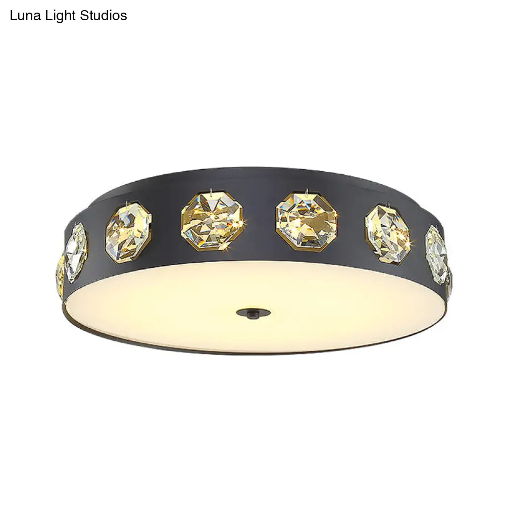 Modern Crystal Led Flush Light In Grey Drum Shape - Ideal For Living Room Ceiling 18’/21.5’ Dia