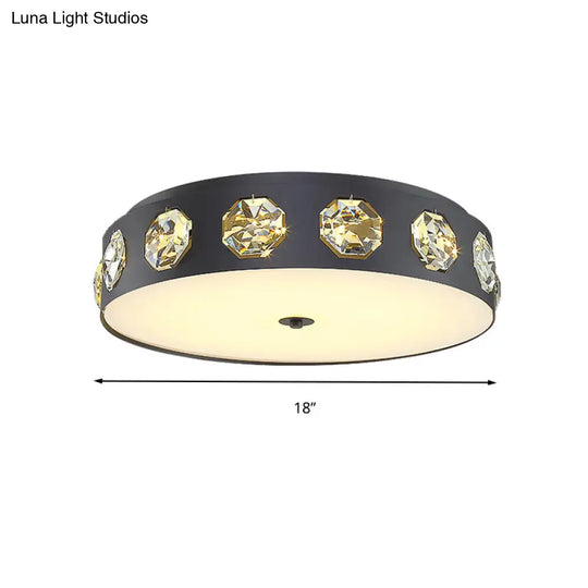 Modern Crystal Led Flush Light In Grey Drum Shape - Ideal For Living Room Ceiling 18/21.5 Dia