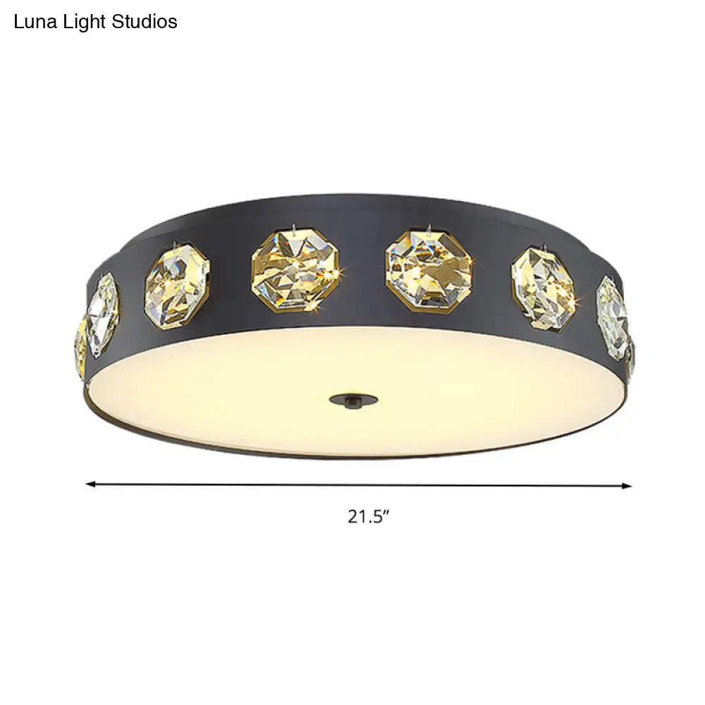 Modern Crystal Led Flush Light In Grey Drum Shape - Ideal For Living Room Ceiling 18’/21.5’ Dia