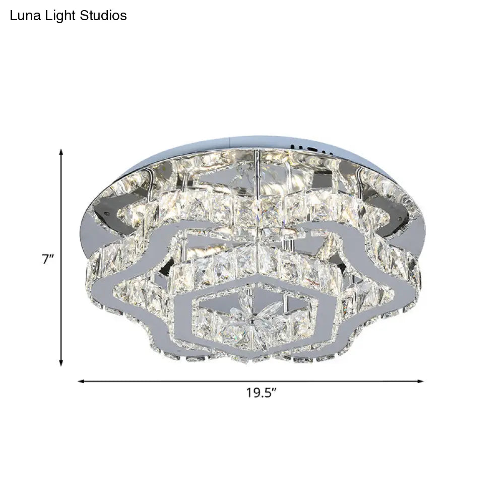 Modern Crystal Led Flush Light With Inlaid Stainless Steel Flower Design - Ideal For Living Room