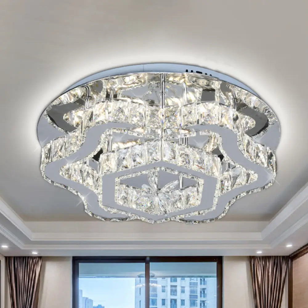 Modern Crystal Led Flush Light With Inlaid Stainless Steel Flower Design - Ideal For Living Room