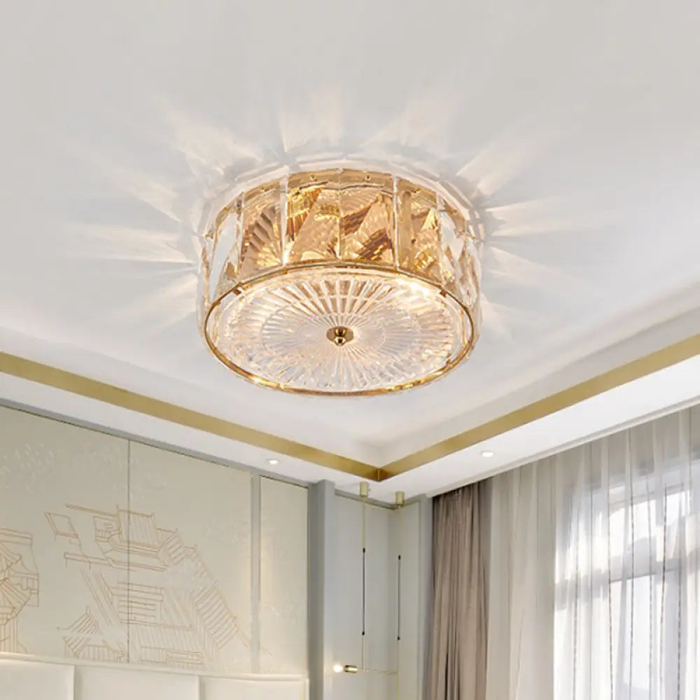 Modern Crystal Led Flush Mount Ceiling Lamp With Drum Design For Bedroom Gold