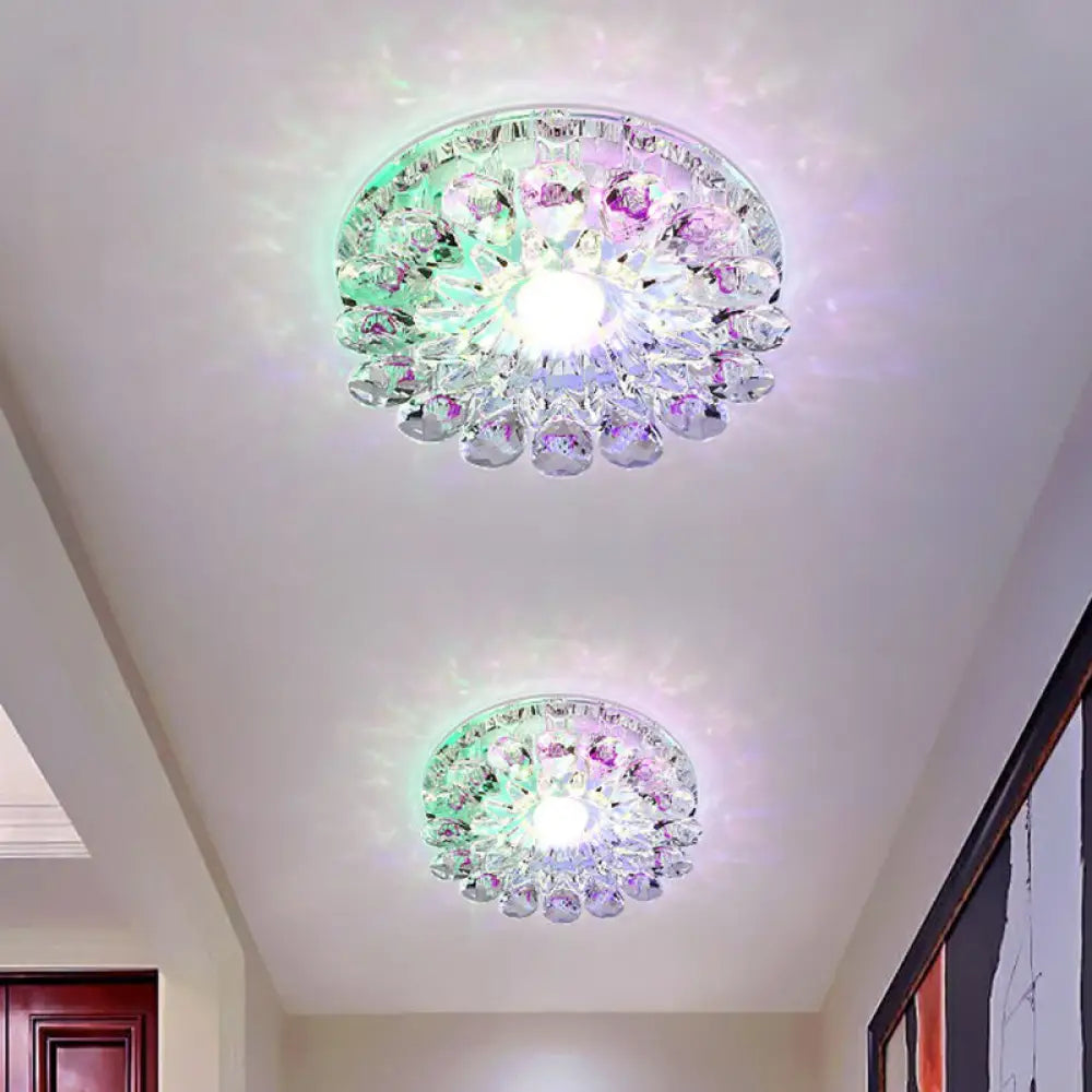Modern Crystal Led Flush Mount Ceiling Light For Corridor - Purple Flower Design / 5W Multi Color
