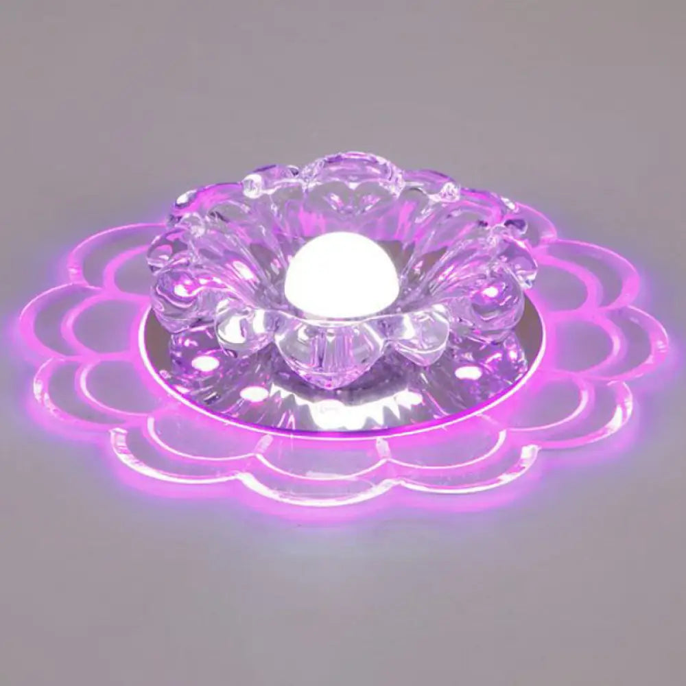 Modern Crystal Led Flush Mount Ceiling Light For Entryway - Clear Blossom Design / 3W Purple