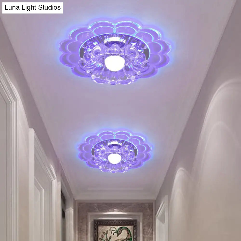 Modern Crystal Led Flush Mount Ceiling Light For Entryway - Clear Blossom Design / 3W Blue