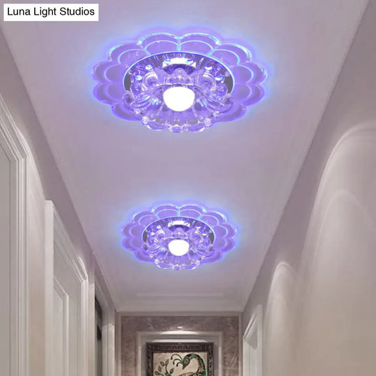 Modern Crystal Led Flush Mount Ceiling Light For Entryway - Clear Blossom Design / 3W Blue