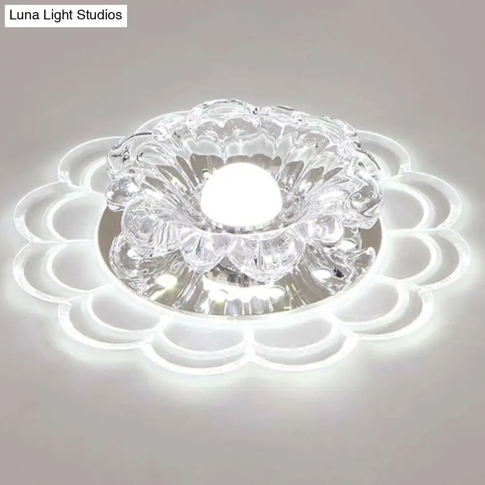 Modern Crystal Led Flush Mount Ceiling Light For Entryway - Clear Blossom Design / 3W White
