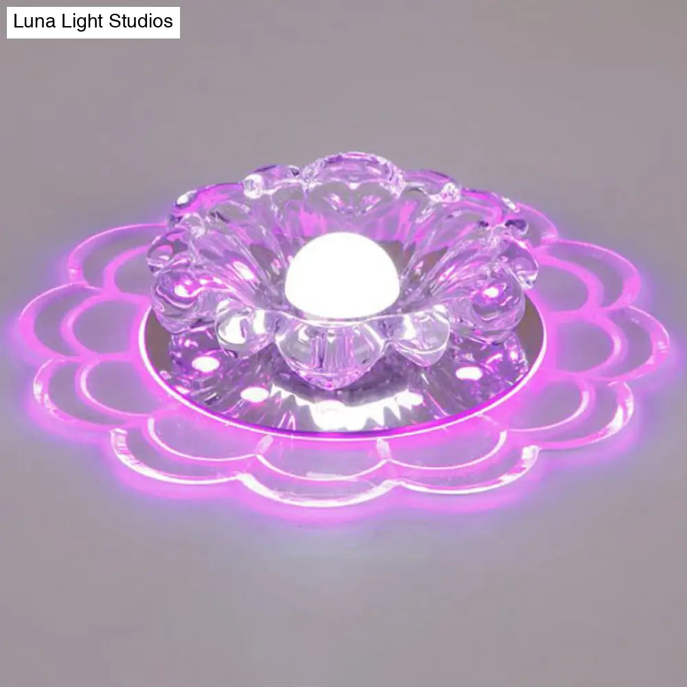 Modern Crystal Led Flush Mount Ceiling Light For Entryway - Clear Blossom Design / 3W Purple
