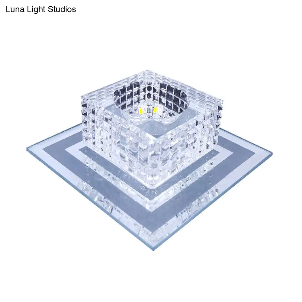 Modern Crystal Led Flush Mount Ceiling Light For Hallways - Square Lattice Cut Design In Clear