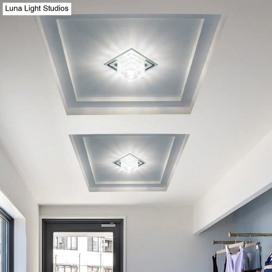 Modern Crystal Led Flush Mount Ceiling Light For Hallways - Square Lattice Cut Design In Clear /