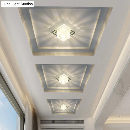 Modern Crystal Led Flush Mount Ceiling Light For Hallways - Square Lattice Cut Design In Clear /