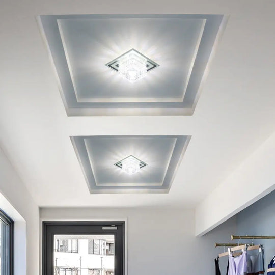 Modern Crystal Led Flush Mount Ceiling Light For Hallways - Square Lattice Cut Design In Clear /