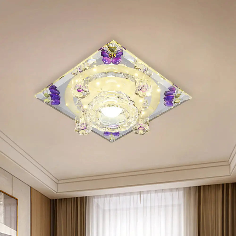 Modern Crystal Led Flush - Mount Light Fixture: Purple Butterfly/Amber Gem Ceiling Lamp