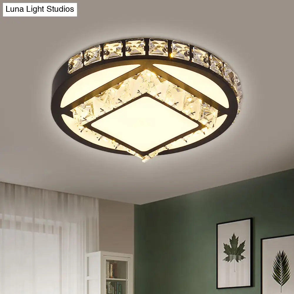 Modern Crystal Led Flush Mount Lighting For Bedroom Ceiling - Black Round/Square Fixture